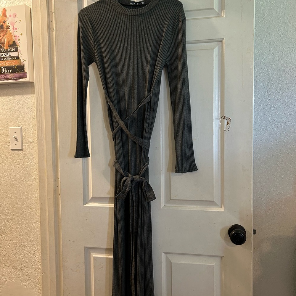 Zara Ribbed Long-Sleeve Tie-Waist Maxi Dress - Charcoal